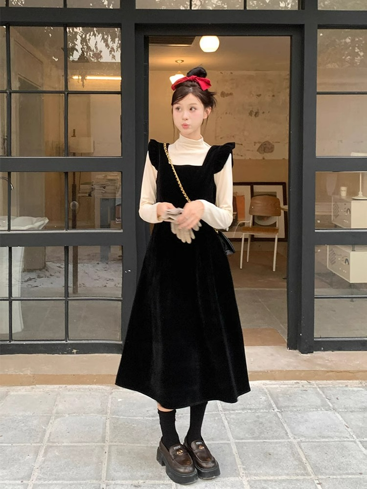Sweet flying sleeves vest dress women's black suspender dress spring loose velvet A-line long skirt age-reducing skirt