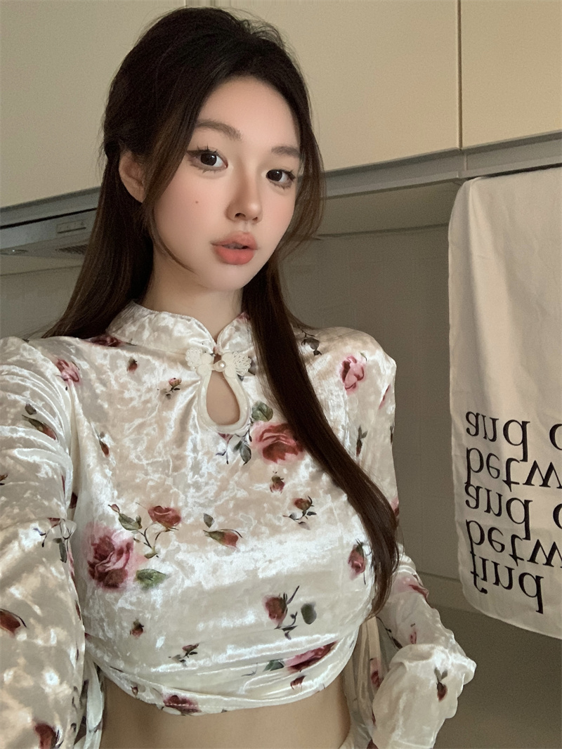 Real shot 2024 early spring new Chinese style plate button printed velvet long-sleeved T-shirt long-sleeved drawstring slim top