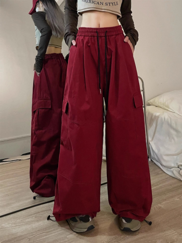 American retro red overalls for hot girls, low-waisted, slimming, multi-pockets, leggings, loose casual pants, trendy