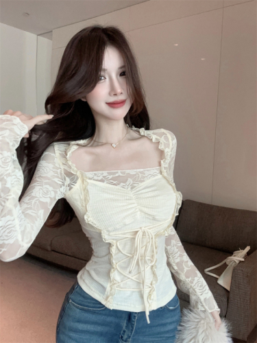 Real shot ~ Pure desire rose lace see-through splicing strap clavicle long-sleeved top gentle sweet slim hot girl T-shirt