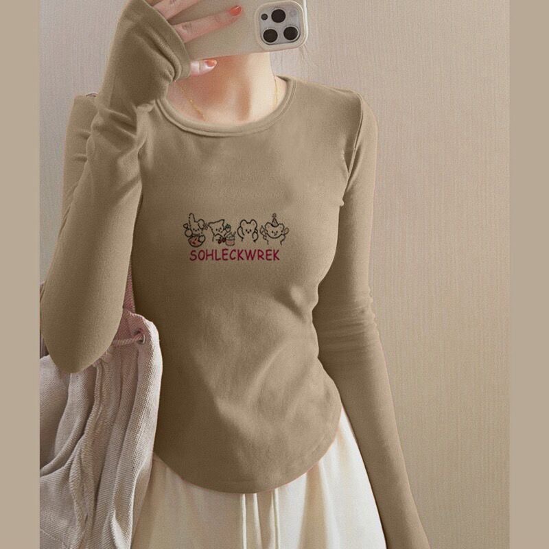 U-shaped hem, German velvet bottoming shirt for women, autumn and winter slim-fitting layered inner wear, slim short top, long-sleeved T-shirt