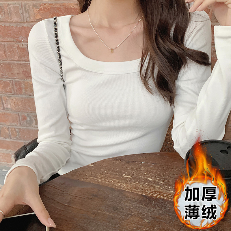 Actual shot of French shoulder square collar bottoming shirt for women in autumn and winter brushed thickened inner with slim long-sleeved top