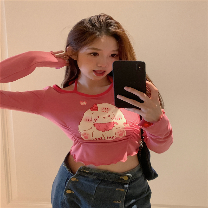 Comfortable cotton sweet hot girl rabbit printed halterneck long-sleeved T-shirt for women early autumn slimming short pleated top