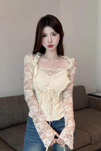 Real shot ~ Pure desire rose lace see-through splicing strap clavicle long-sleeved top gentle sweet slim hot girl T-shirt