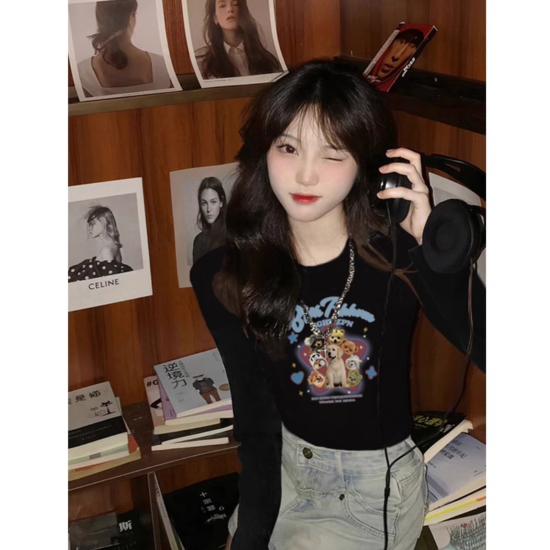 Shoulder bag collar American straight shoulder short T-shirt for women autumn and winter long-sleeved design sweet and cool black bottoming shirt