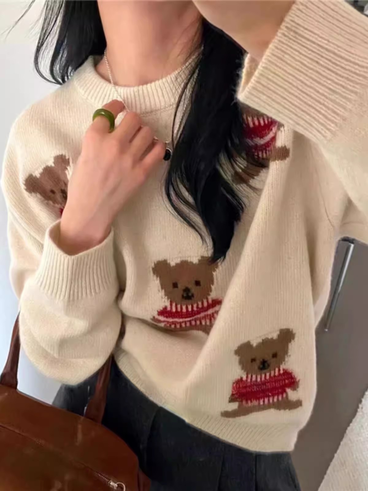 今年流行冬季氛圍感軟萌小熊慵懶減齡毛衣女休閒寬鬆百搭女針織衫