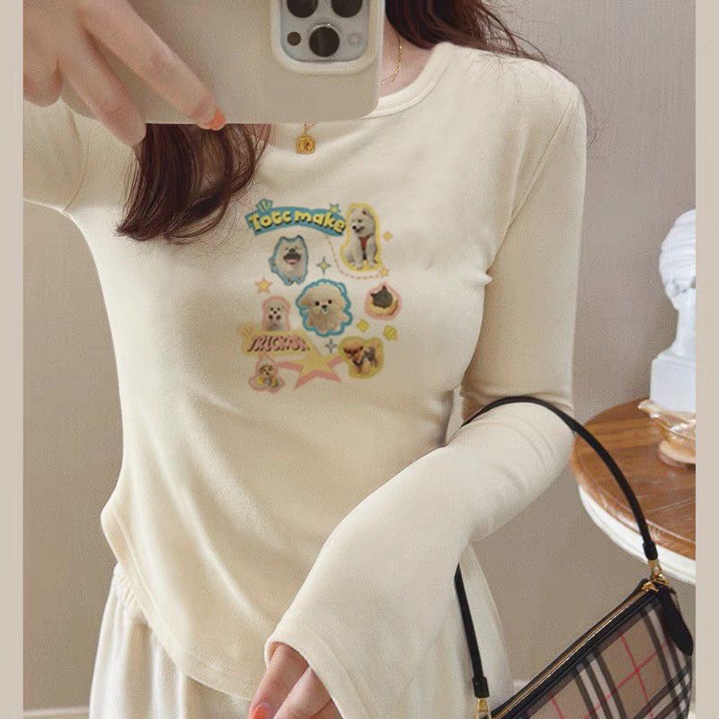 U-shaped hem, German velvet bottoming shirt for women, autumn and winter slim-fitting layered inner wear, slim short top, long-sleeved T-shirt