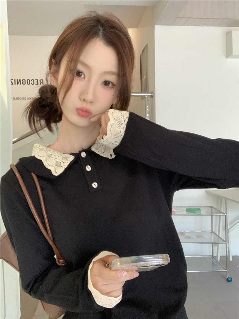 Actual shot of spring Korean style fashionable lace doll collar half-cut long-sleeved top for women