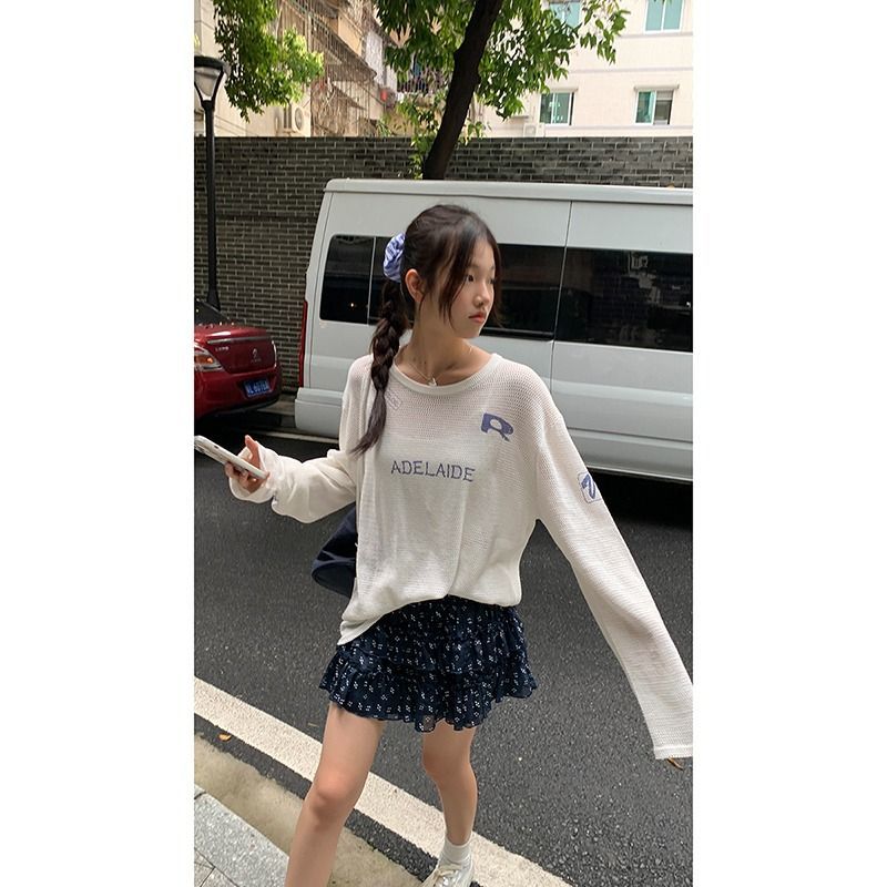 美式慵懶風冰絲針織t恤女罩衫設計感小眾寬鬆長袖鏤空防曬衫上衣