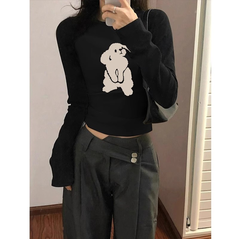 Niche street black short top for women in autumn rabbit print versatile hot girl t-shirt vintage slimming long sleeves