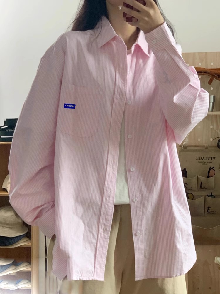 港風粉色豎條紋襯衫女2024新款韓系襯衣設計感小眾長袖上衣潮