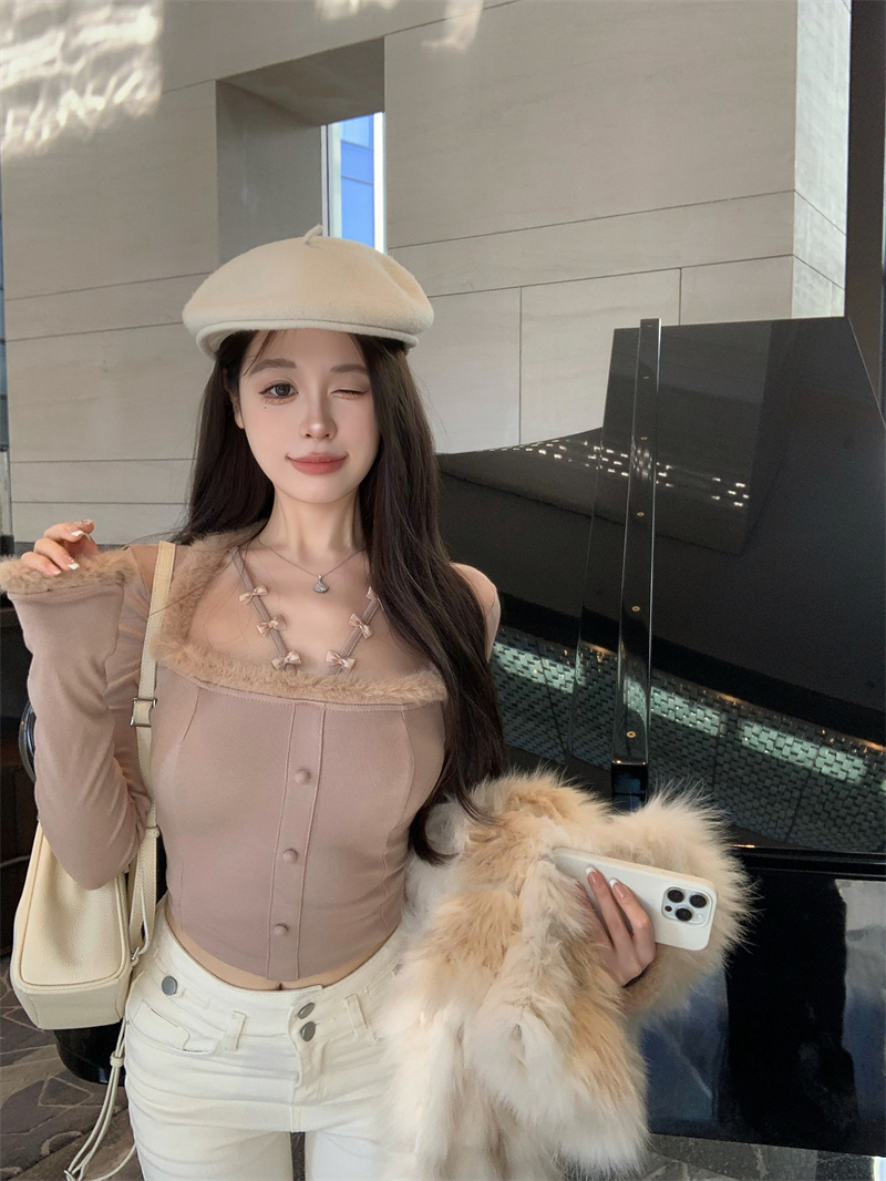 Actual shot~Autumn and winter design pure desire halter neck strap furry splicing sexy bottoming shirt top for women