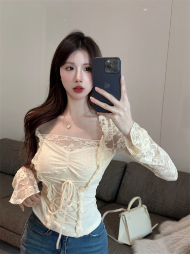 Real shot ~ Pure desire rose lace see-through splicing strap clavicle long-sleeved top gentle sweet slim hot girl T-shirt