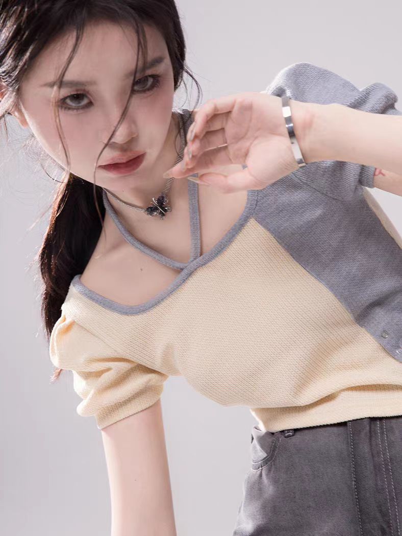 小個子定製 奶黃蒲灰 肌理感掛脖短袖上衣女
