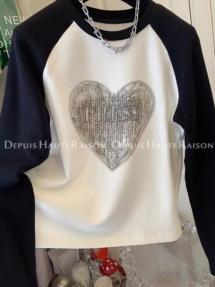 Silk cotton double-sided velvet love contrast color German velvet bottoming shirt T-shirt tops for women 2024 winter new style