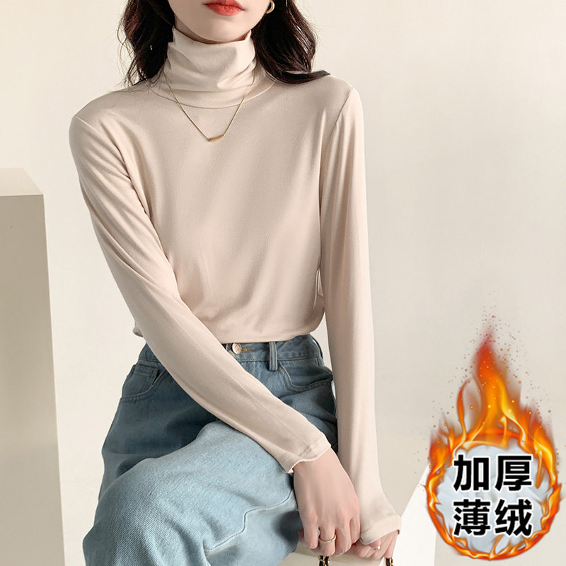 Actual shot of European solid color soft and waxy pile collar thin velvet bottoming shirt for women in autumn and winter slim fit inner long-sleeved top