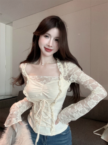 Real shot ~ Pure desire rose lace see-through splicing strap clavicle long-sleeved top gentle sweet slim hot girl T-shirt