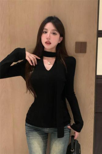 Actual shot ~ Wool slim-fitting bottoming top for women in autumn and winter old money style ribbon design knitted sweater