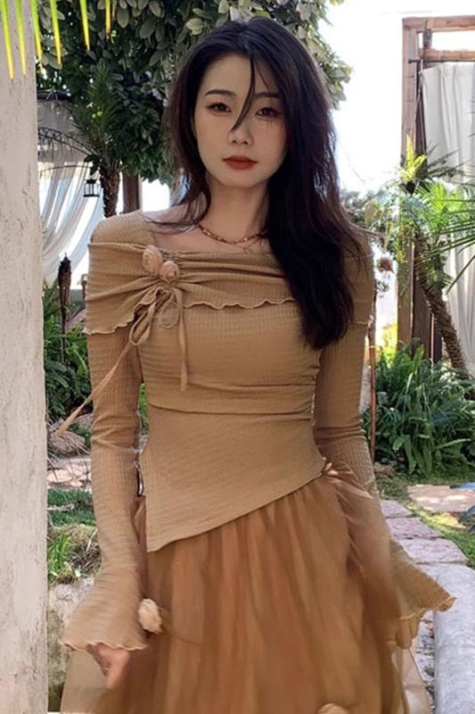 Temperament women's 2024 spring and autumn design slim T-shirt one-shoulder top irregular atmosphere top