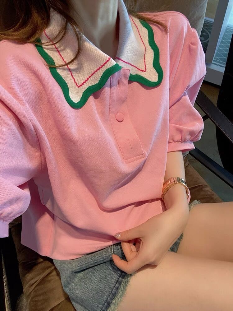 甜美粉色polo領t恤女夏短袖寬鬆洋氣減齡泡泡袖短款半袖體恤上衣