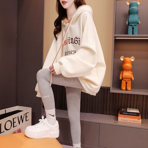 6535 Fish Scale Autumn and Winter hooded patchwork design letter embroidery thin sweatshirt for women