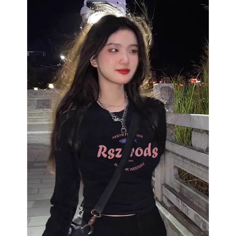 Shoulder bag collar American straight shoulder short T-shirt for women autumn and winter long-sleeved design sweet and cool black bottoming shirt