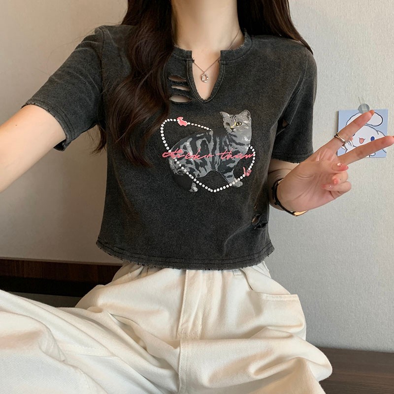 官圖 6535洗水棉做舊 美式復古正肩t恤短袖女夏季設計感小眾