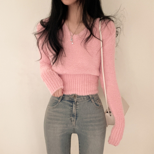 Korean chic versatile V-neck soft waxy imitation mink elastic bottoming sweater long-sleeved knitted top for women