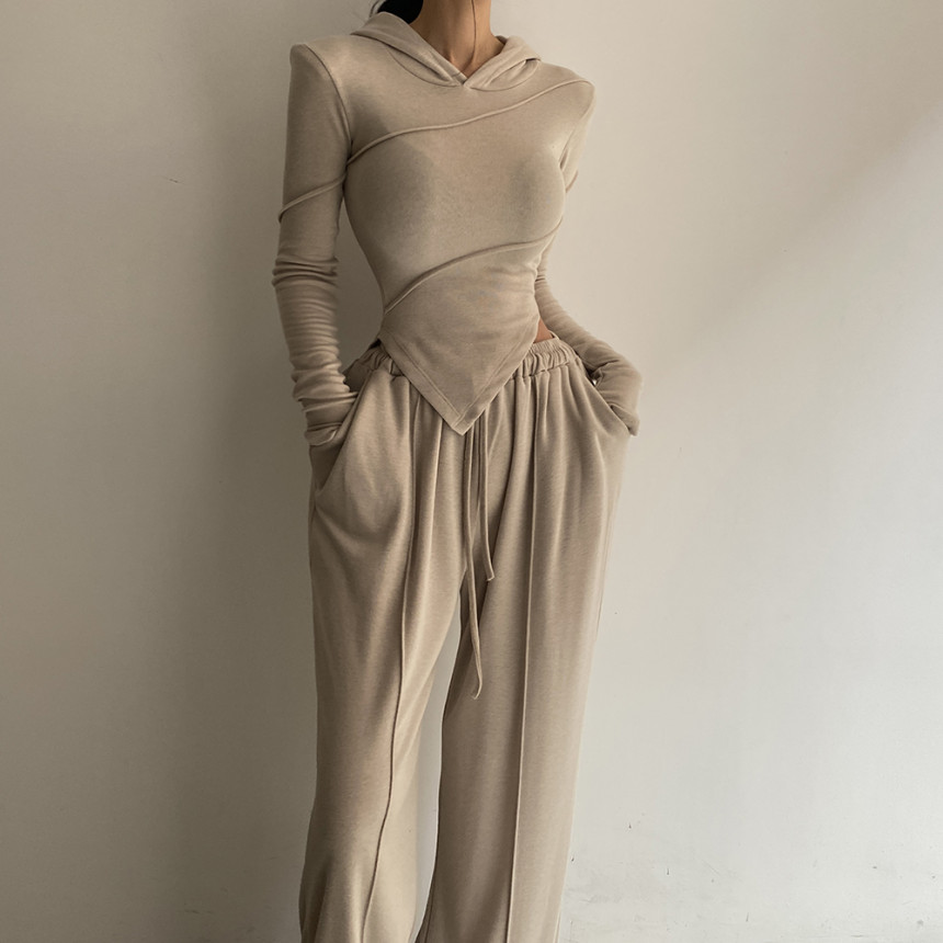 Dongdaemun, South Korea, open-stitched waist, irregular hem hooded top + high-waisted wide-leg pants suit
