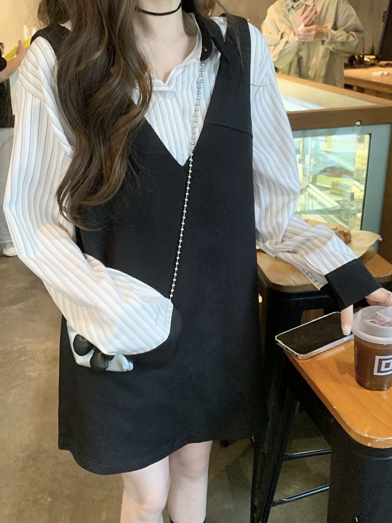 Real shot of three-standard small man fashion suit with striped shirt + black dress suit
