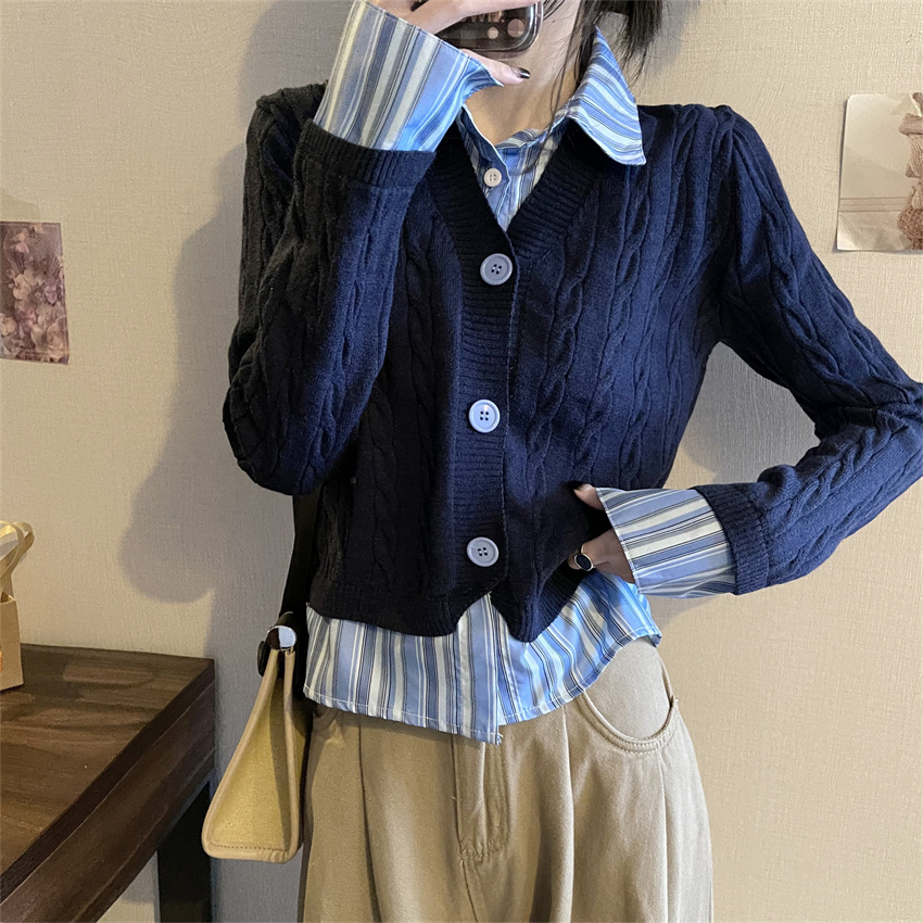 實拍韓系條紋假兩件毛衣女冬麻花針織開衫拼接襯衫上衣