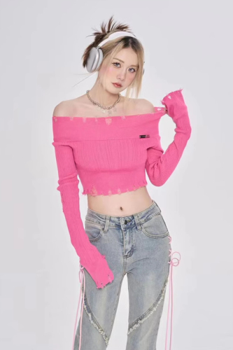 No color difference, with OEM label, cuff slits, pink one-shoulder sweater, French short-long-sleeved slim top