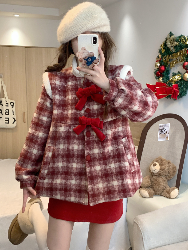 實拍 2024年新款格子新年戰袍紅色短款呢子半身裙兩件套裝