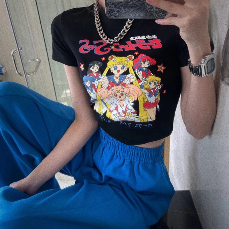 金靚 官圖 6535拉架棉 古着感童趣可愛印花短袖少女風辣妹T恤女