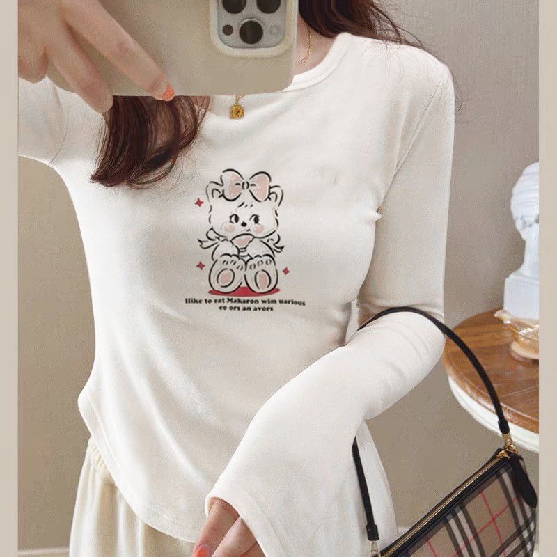 U-shaped hem, German velvet bottoming shirt for women, autumn and winter slim-fitting layered inner wear, slim short top, long-sleeved T-shirt