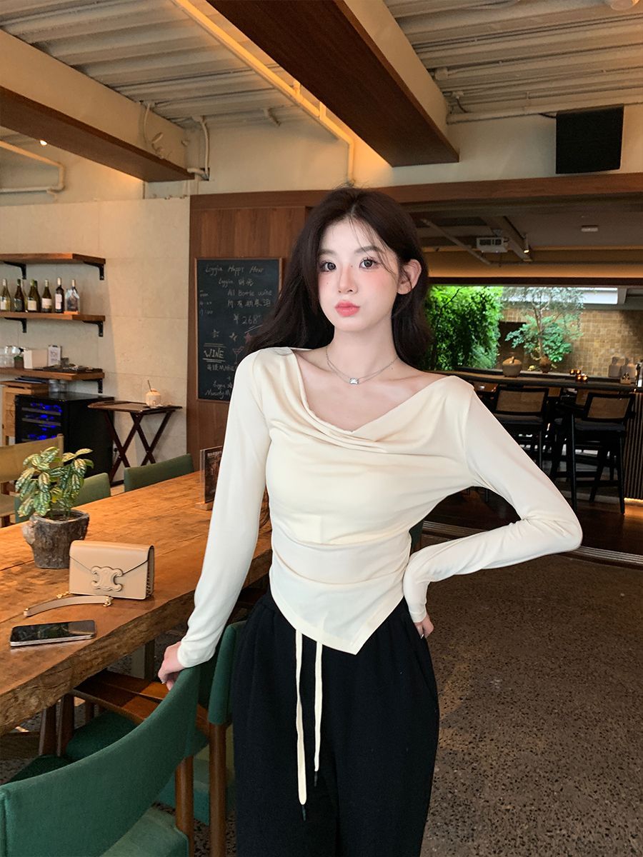 Irregular swing collar long-sleeved hottie T-shirt for women in autumn and winter with French niche design low-neck bottoming shirt top