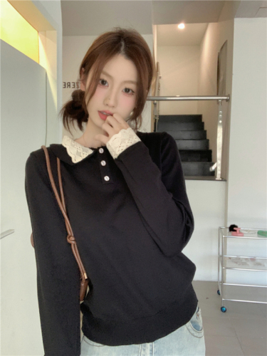 Actual shot of spring Korean style fashionable lace doll collar half-cut long-sleeved top for women