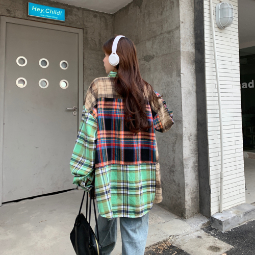 Actual shot of spring American retro splicing plaid long-sleeved shirt for women with new design style loose casual jacket