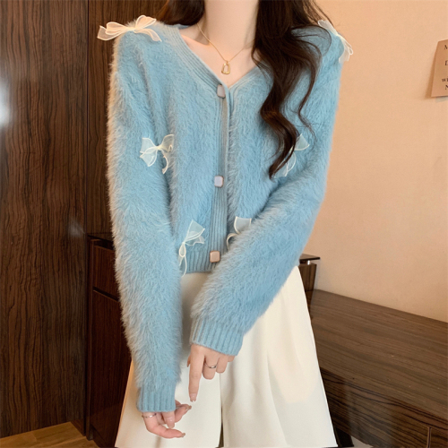 Actual shot of new version of Korean style autumn and winter three-dimensional bow soft waxy cardigan sweater jacket