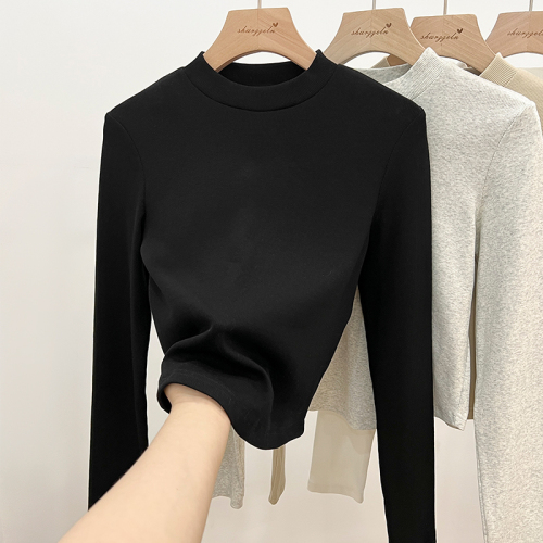 Real shot of American long-sleeved right shoulder T-shirt for women in spring basic threaded slim fit inner round neck bottoming shirt