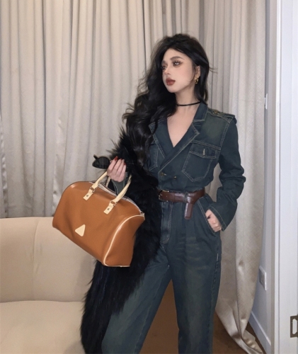 Real shot of spring and autumn French retro suit collar denim high-end waist slimming fashionable jumpsuit pants