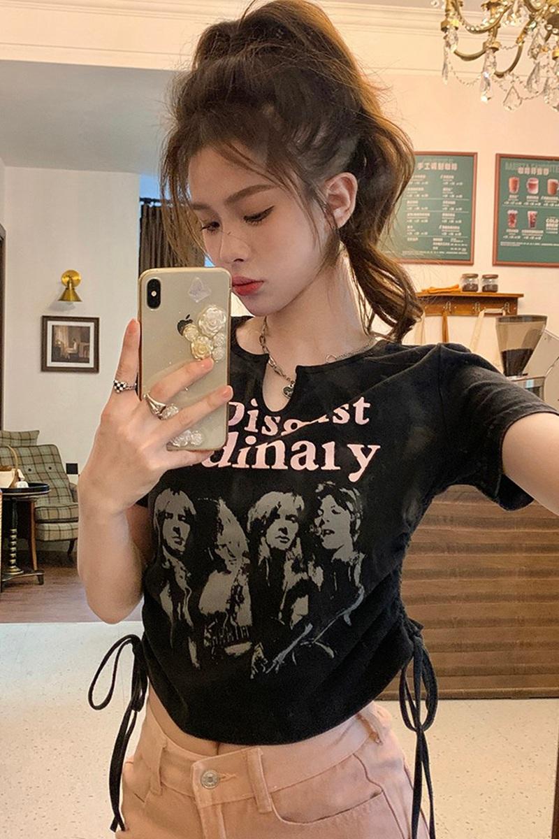Official picture 6535 washed cotton drawstring girl American print retro distressed T-shirt women's design drawstring