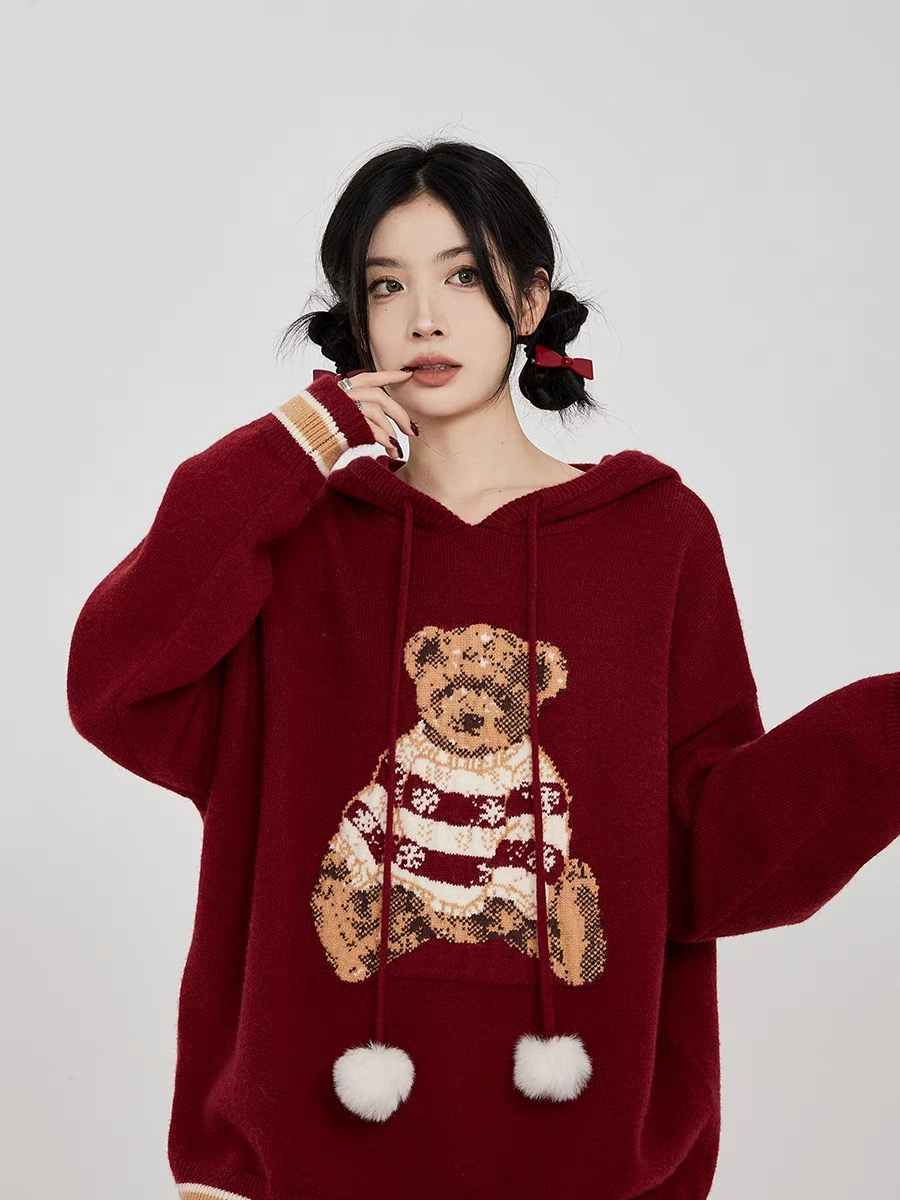 Noisy Home hooded sweater for women, spring, autumn and winter, American loose, lazy style, bear design, pullover jacket top