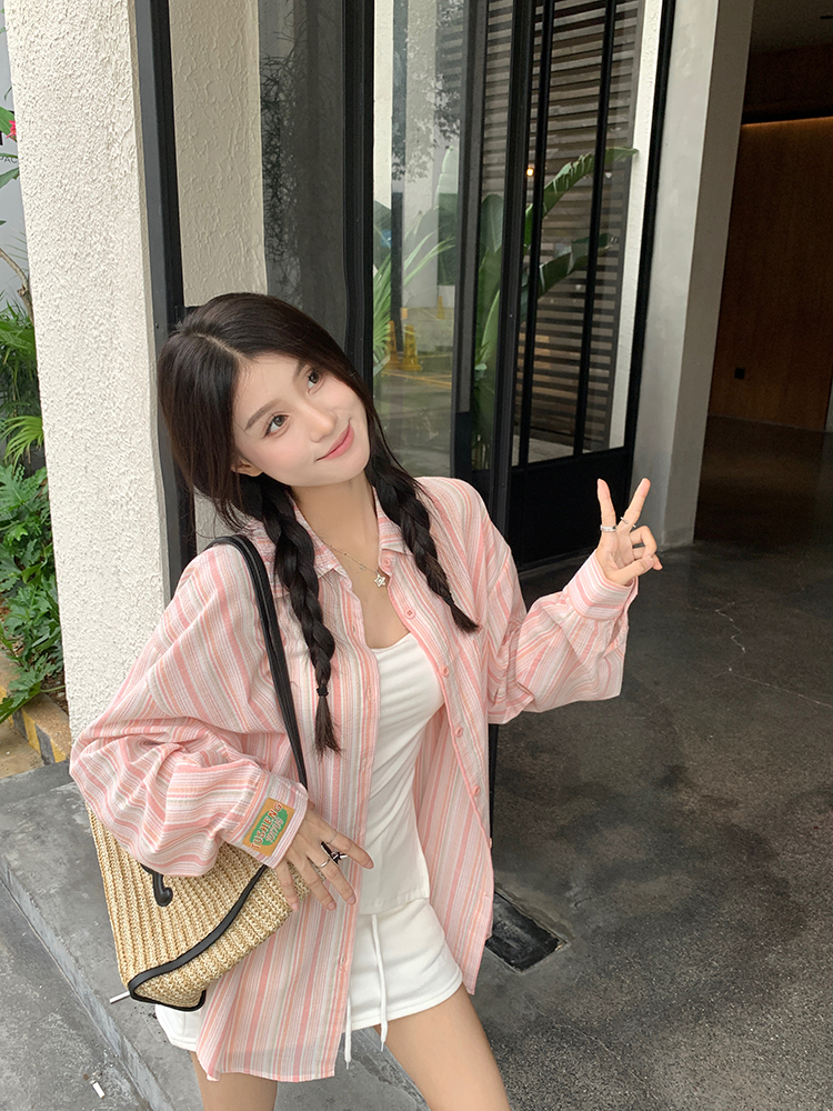 Striped long-sleeved shirt for women summer new sweet design niche loose mid-length chic sun protection shirt