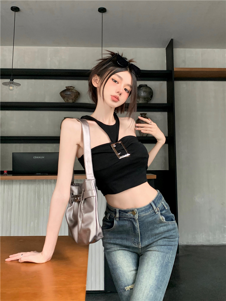 掛脖吊帶背心女夏純欲風性感辣妹金屬扣別致小眾短款露臍上衣ins