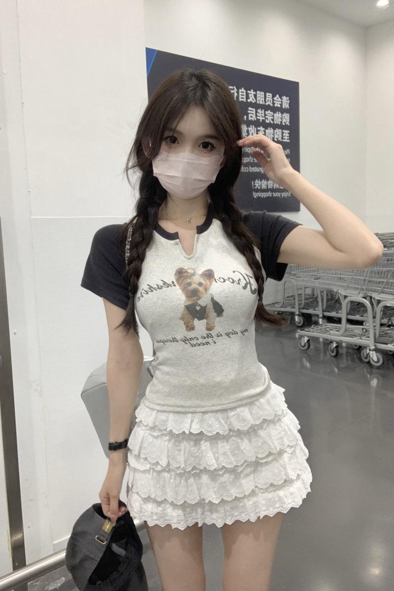 官圖 220克6535拉架棉 撞色V領短袖狗狗印花T恤女夏季修身