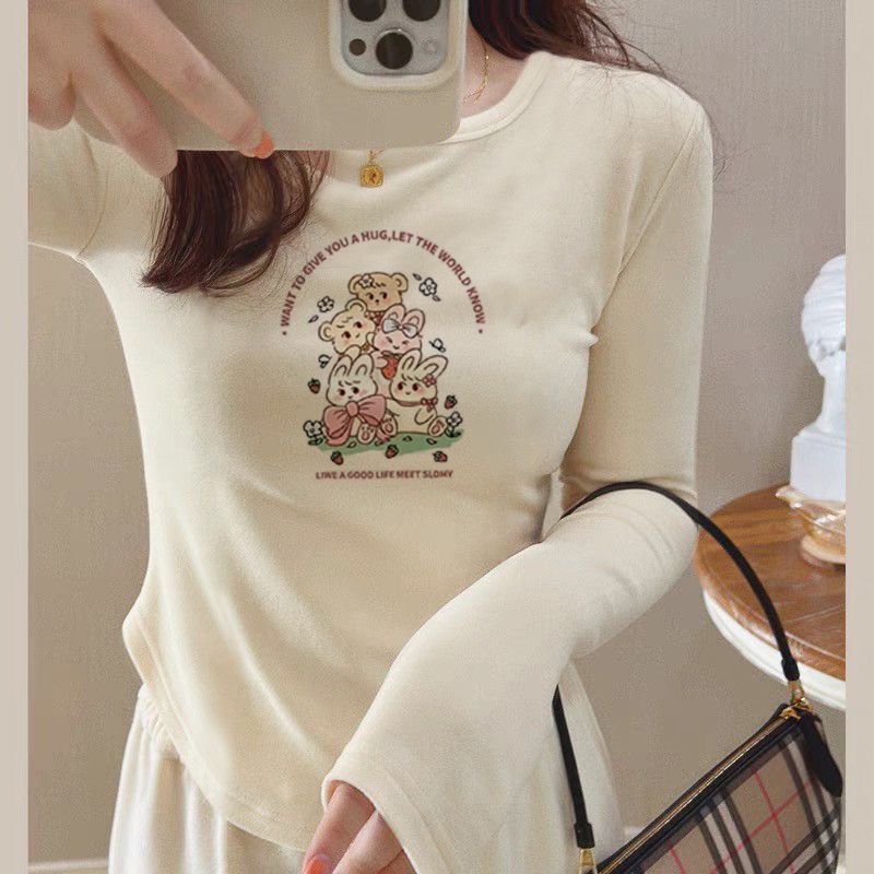 U-shaped hem, German velvet bottoming shirt for women, autumn and winter slim-fitting layered inner wear, slim short top, long-sleeved T-shirt