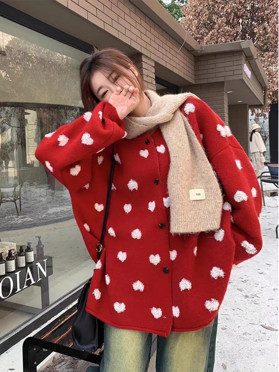kumikumi撞色愛心刺繡毛衣外套女裝冬季oversize針織開衫減齡上衣