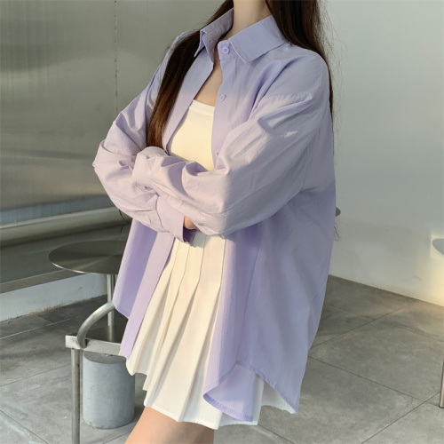 Actual shot of Korean style hiphop blue long-sleeved shirt for women in spring, loose, lazy and versatile casual shirt