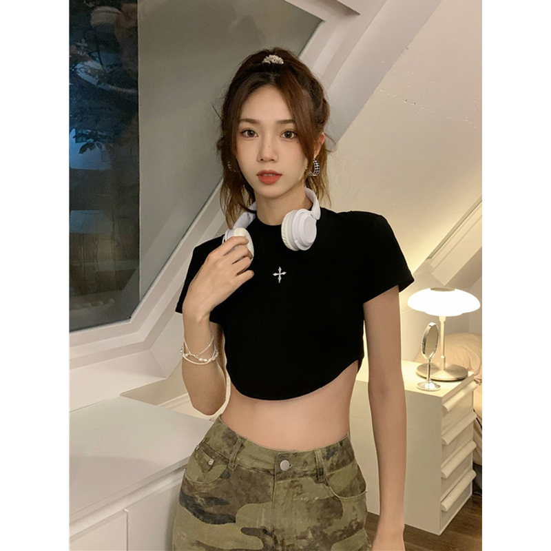 Jin Liang official picture 220g 6535 stretch cotton with shoulder pad white slim hot girl irregular short style